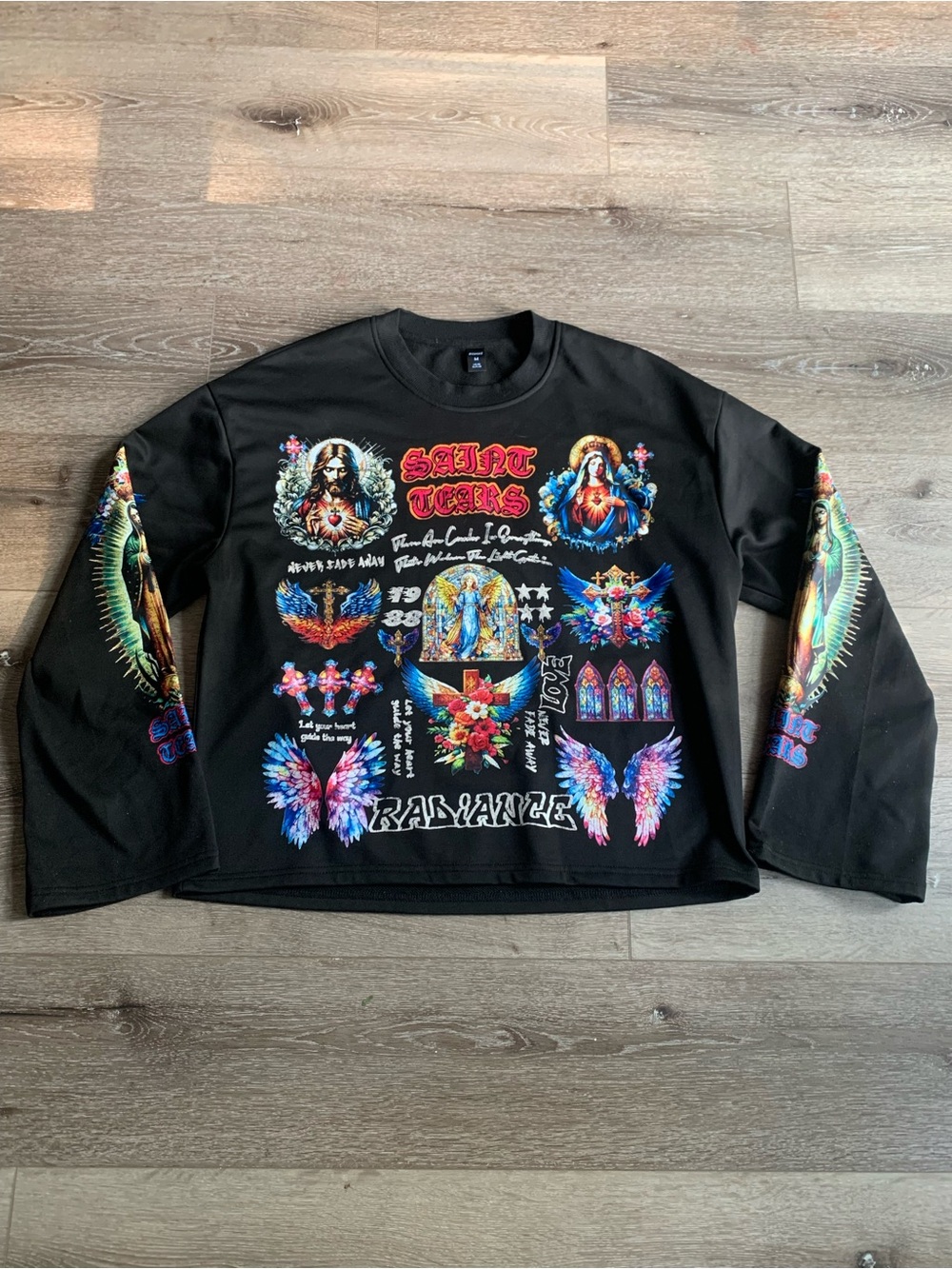 Romwe Men Graphic Sweatshirt Saint Tears Jesus Print Crewneck Size M Black
